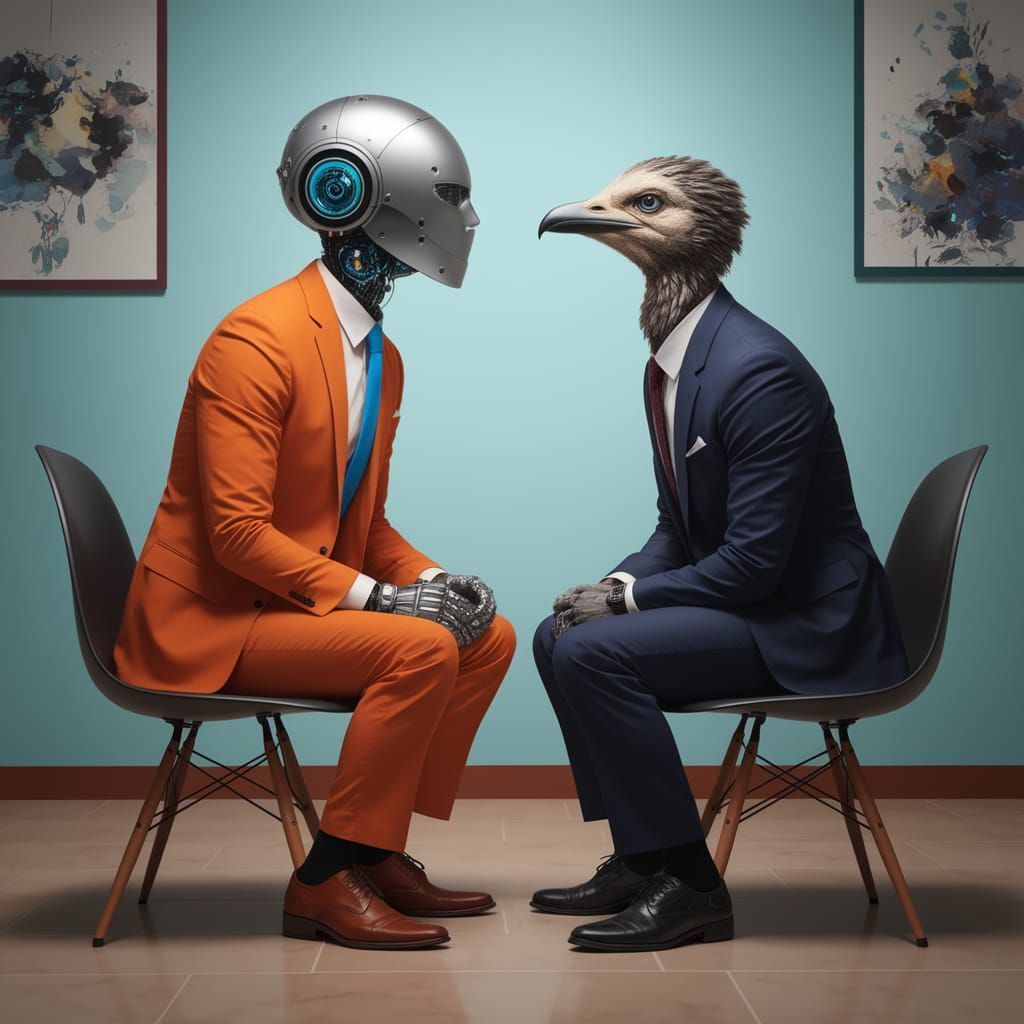 Robot and Bird Executive in a Surreal Digital Painting