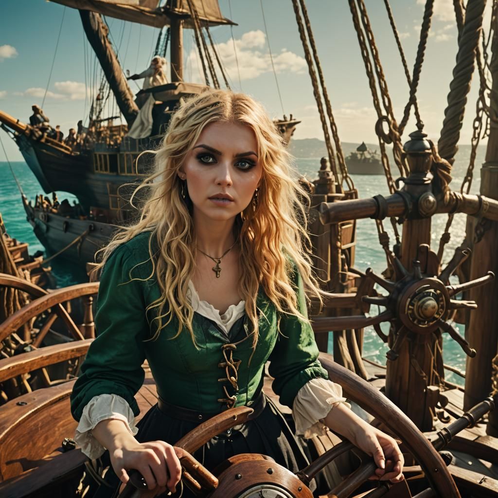 Young Pirate Woman at the Helm: Cinematic Film Still