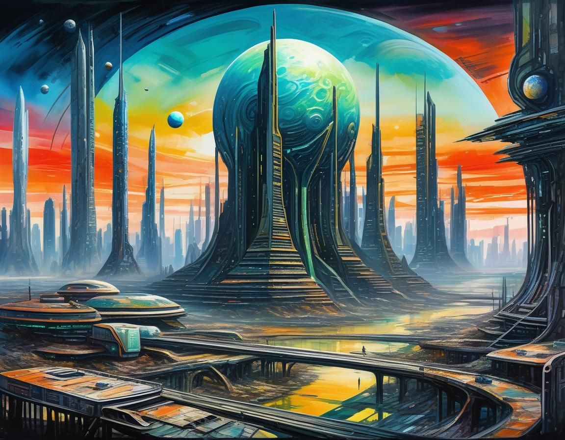 Futuristic Alien City in Gouache Impressionist Style