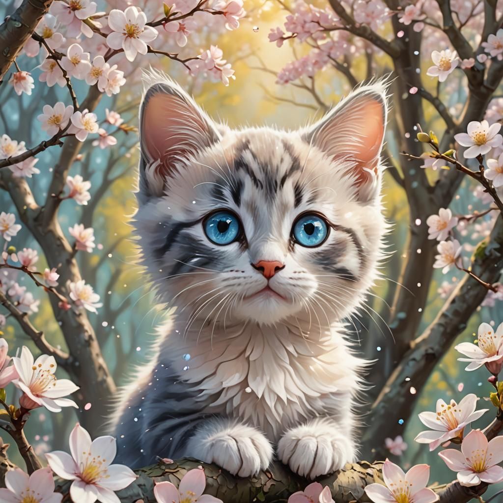 Calico Kitten in Blossom Forest: Whimsical Digital Art