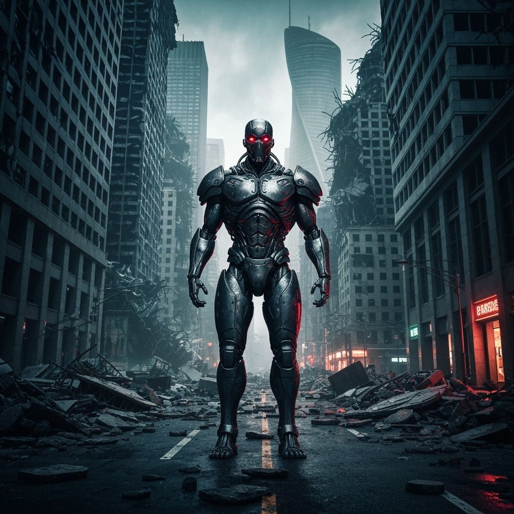 Android Cyborg in Dystopian Cityscape