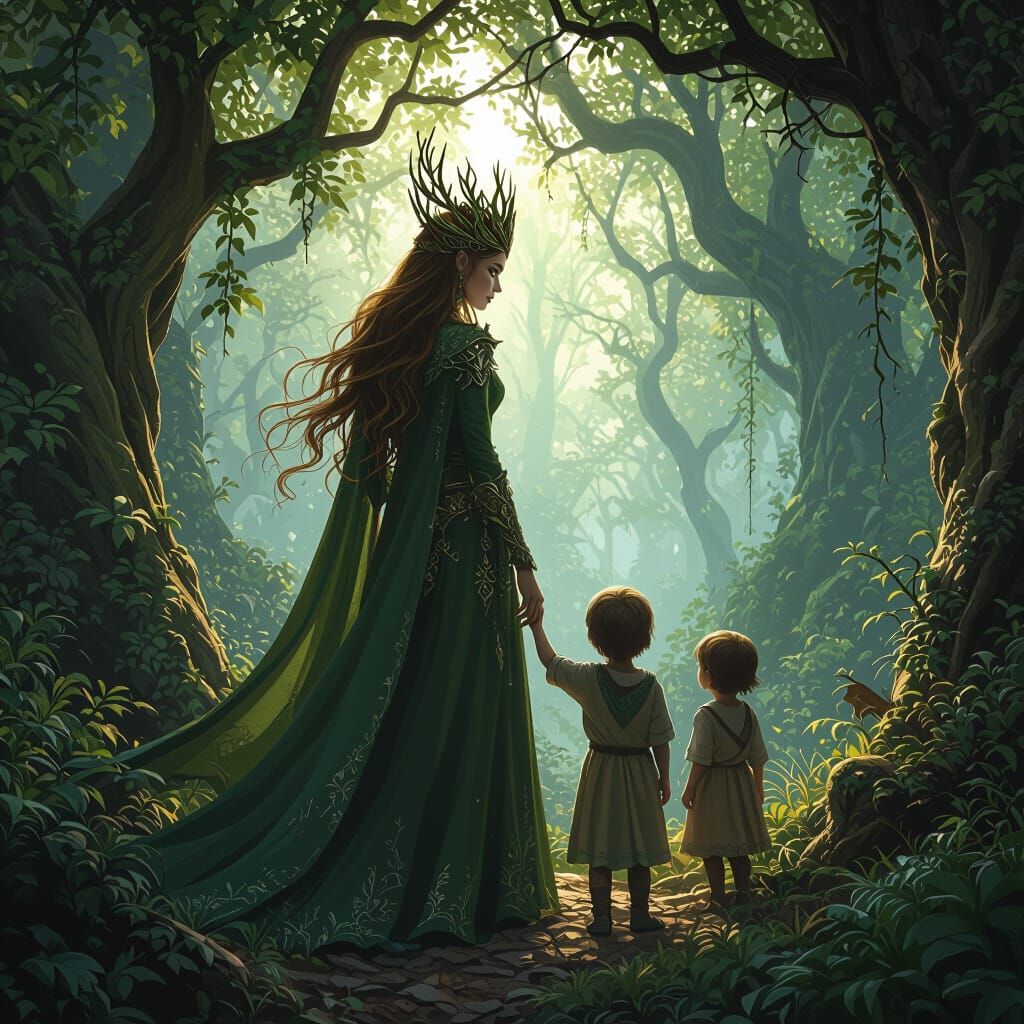 Elven Queen Guides Lost Children Through Enchanted Forest