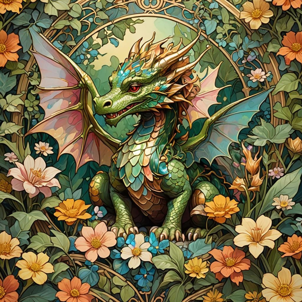 Art Nouveau Chibi Dragon in Gouache Style