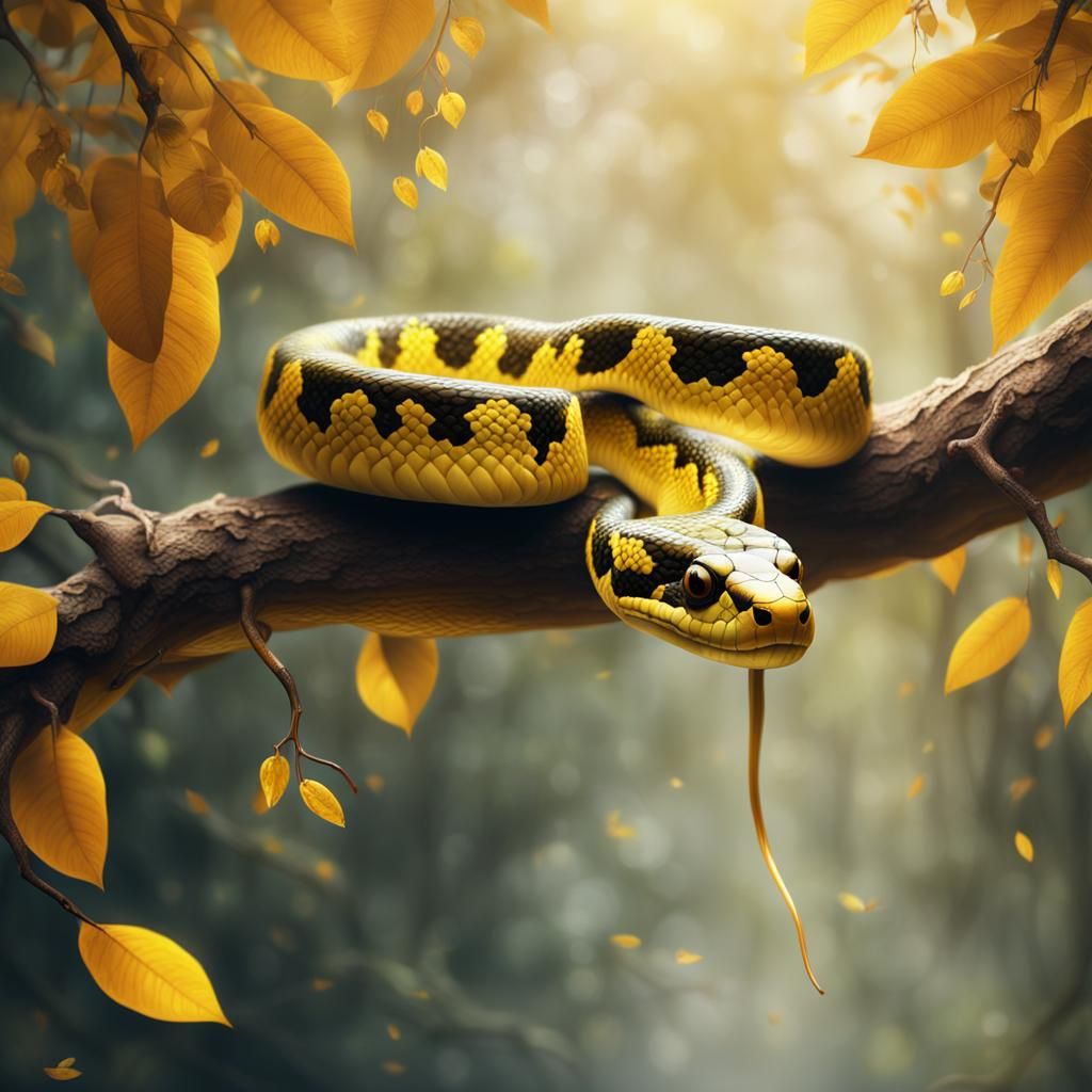 Cute Snake in Yellow Foliage: Digital Matte Painting