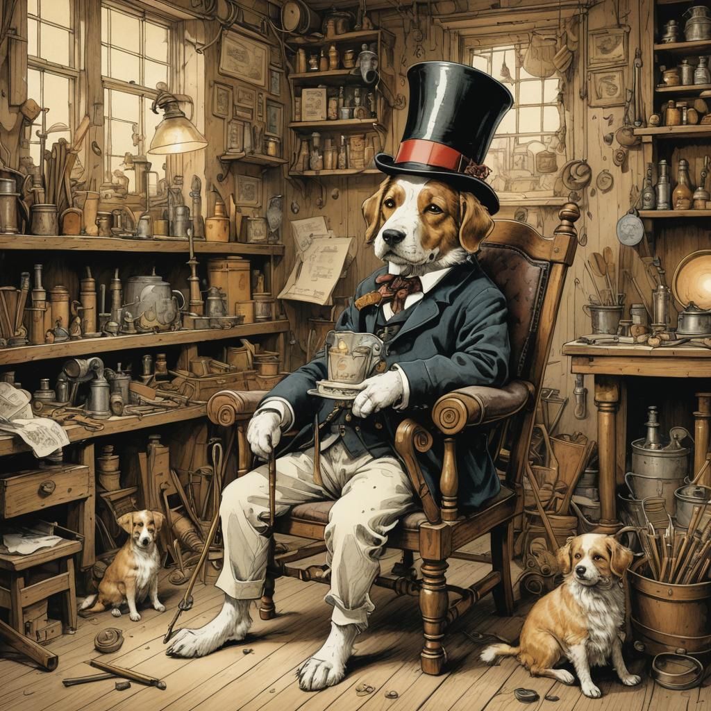 Dog in Workshop: Whimsical Vintage Illustration