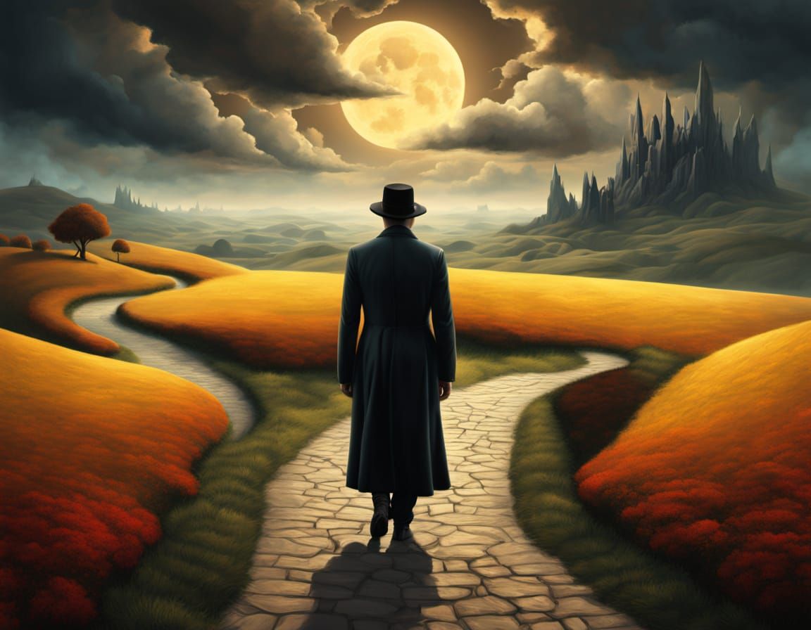 Surrealist Duo on Book Road in Golden Light