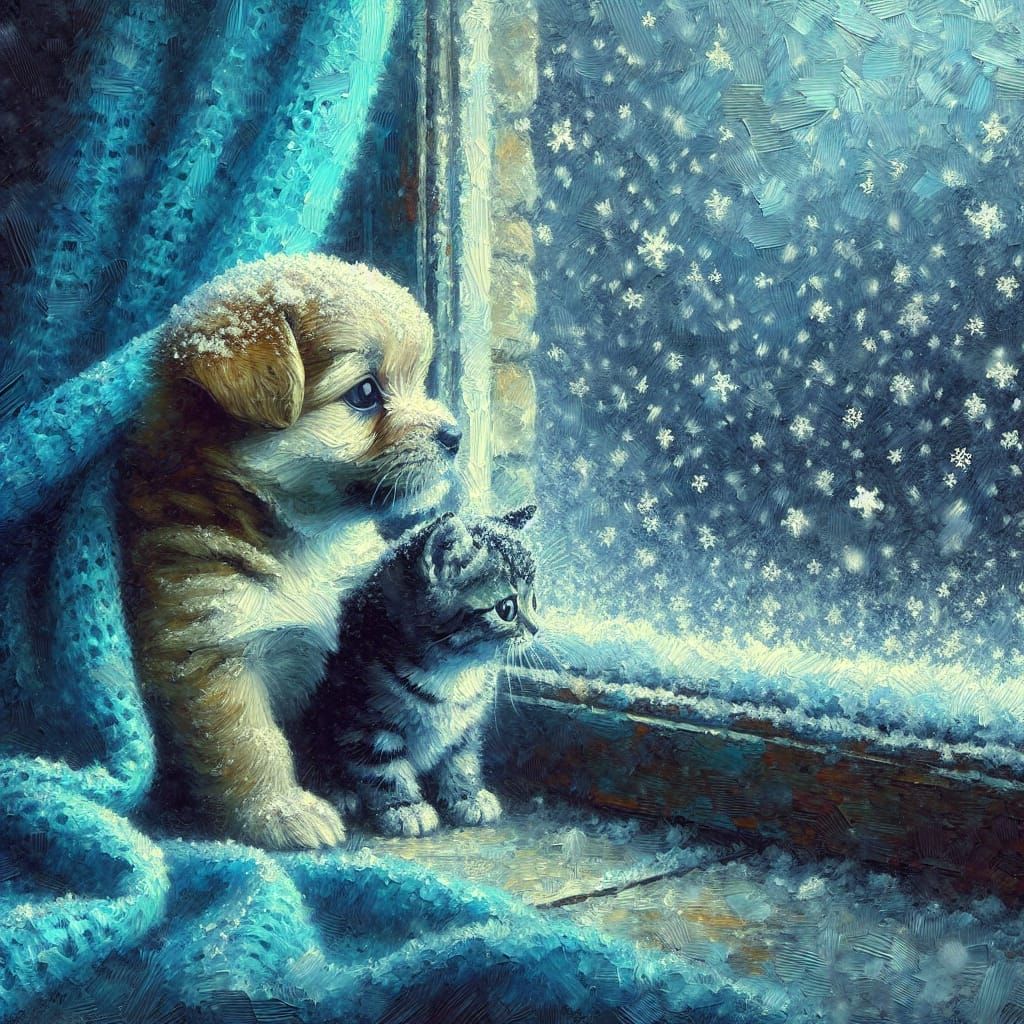 Puppy and Kitten Watch Snowfall: Impasto Oil Painting