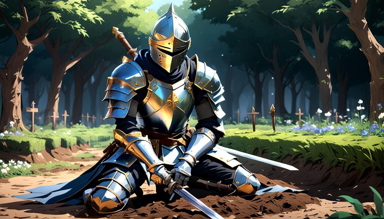 Anime Knight Resting on Sword in 3D