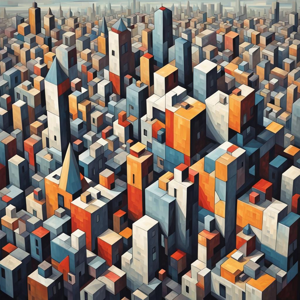 Rubik's Cube City in Cubist Art Deco Style