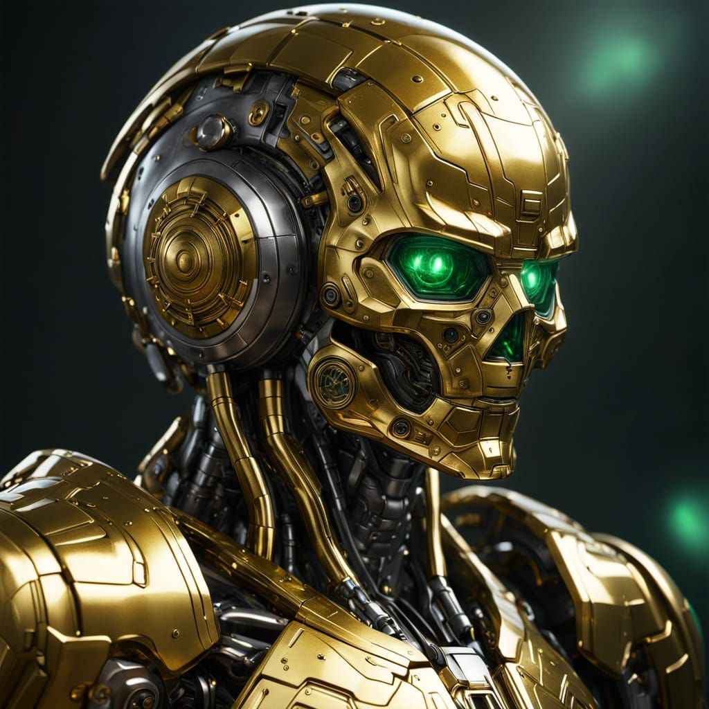 Glowing Steel Golem in Liquid Gold with Metallic Accents