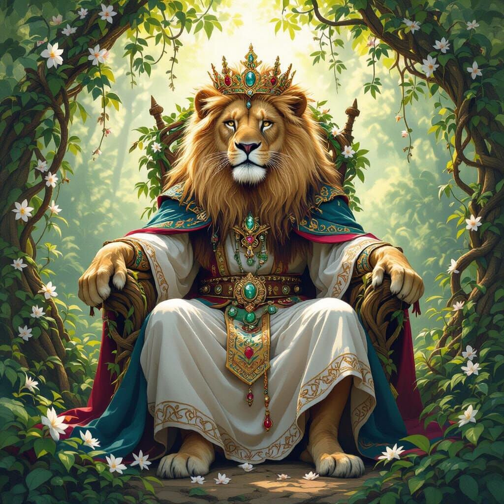 Regal Lion King on Jasmine Throne in Jungle Clearing