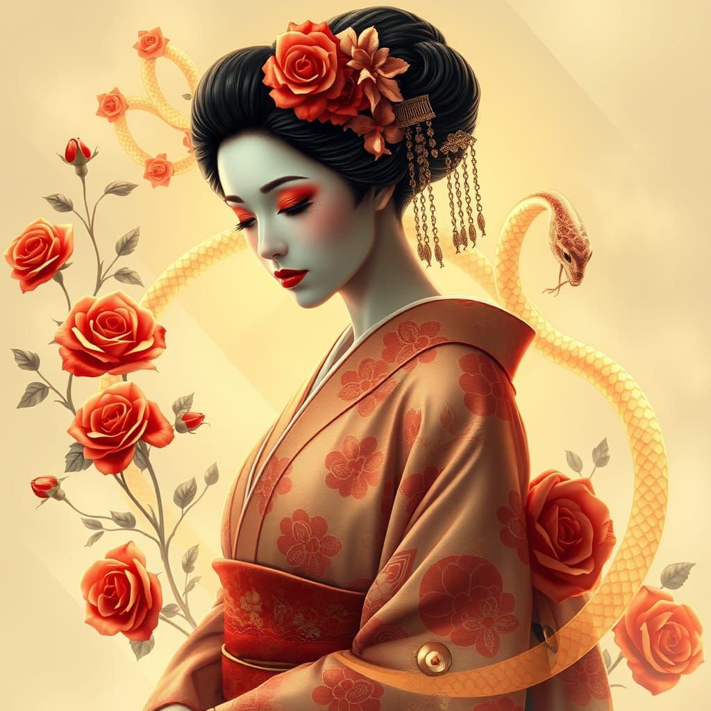 Geisha in Enchanted Garden, Soft Light and Delicate Blooms