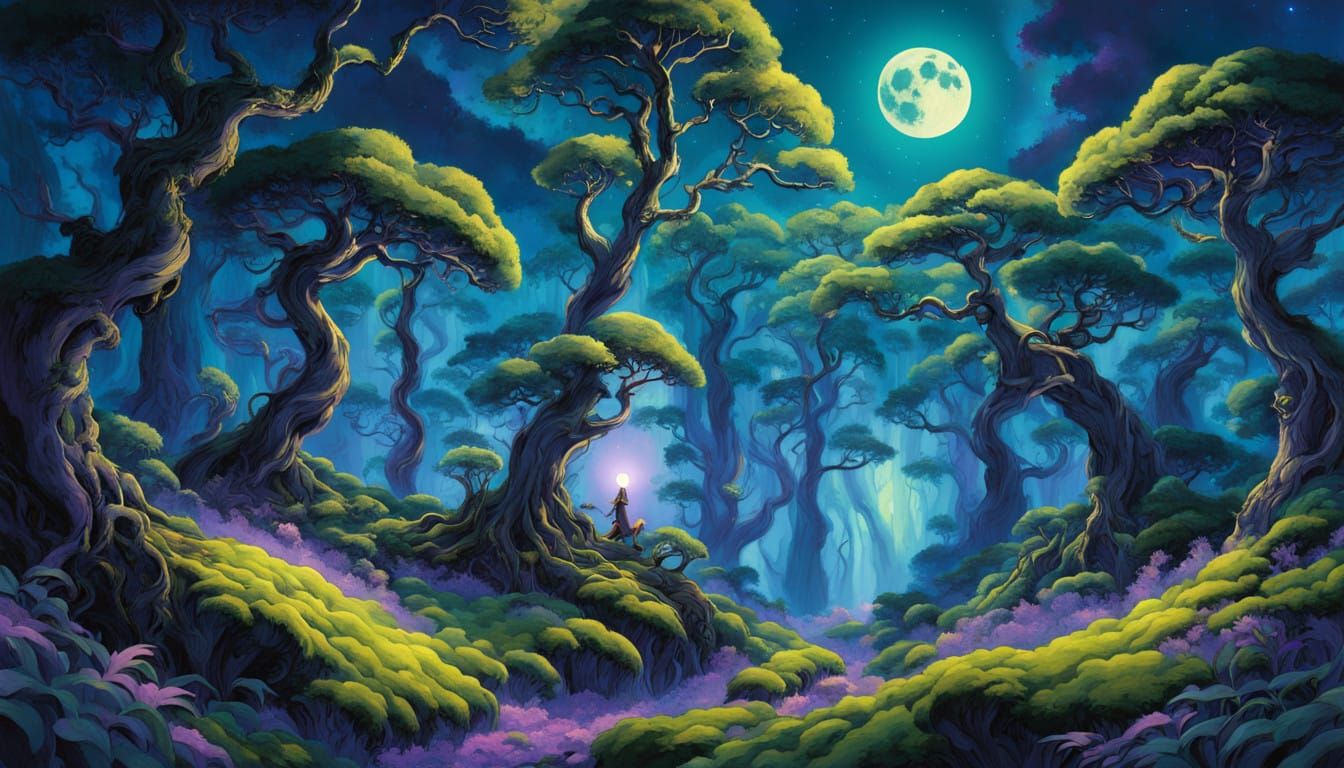 Dreamlike Forest Landscape Under a Full Moonlit Sky