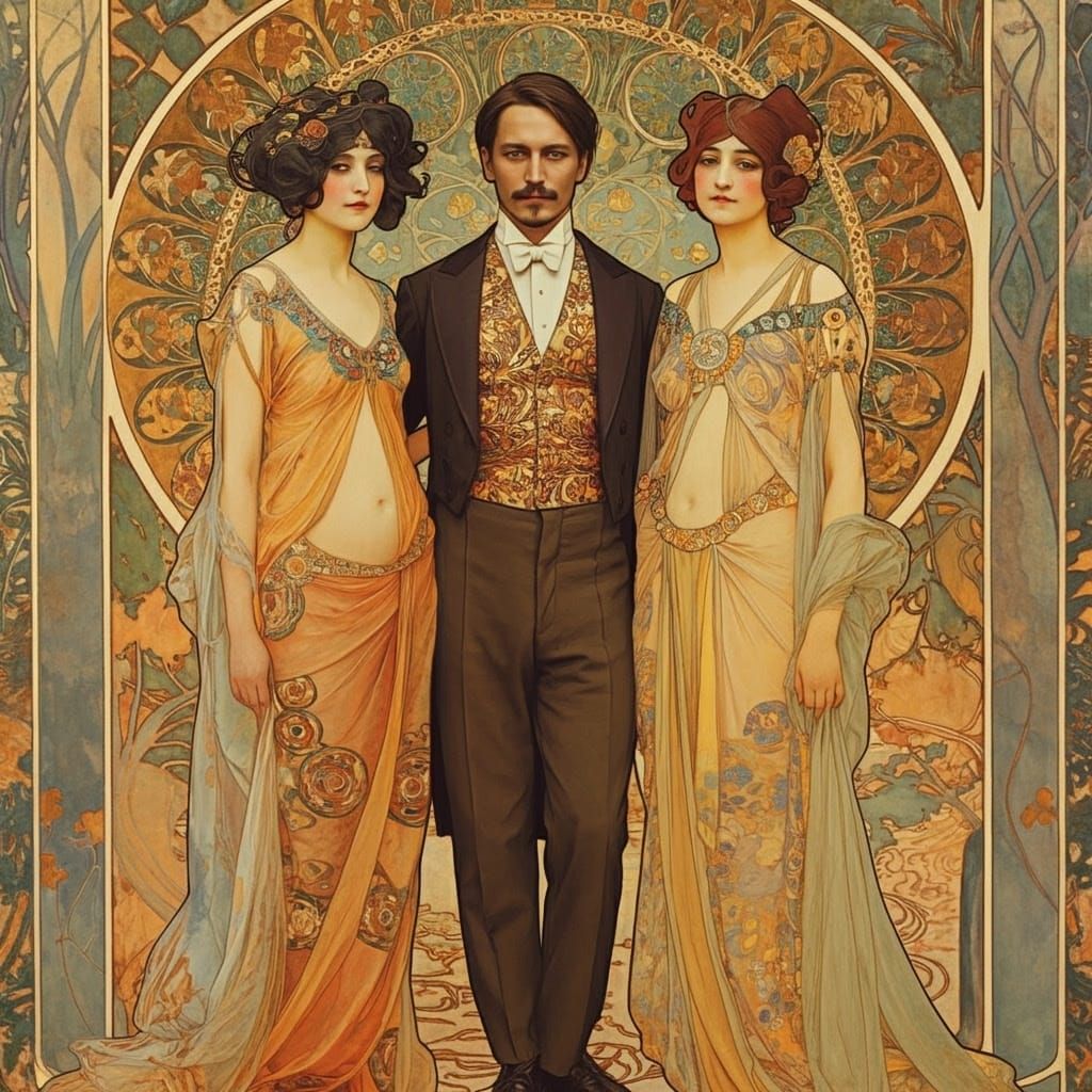 Elegant Man with Two Women in Art Nouveau Style
