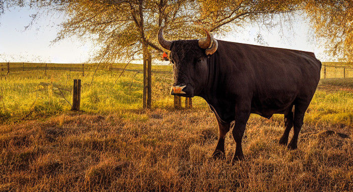 Rustic Countryside Scene with a Majestic Bull in a Muddy Fie...