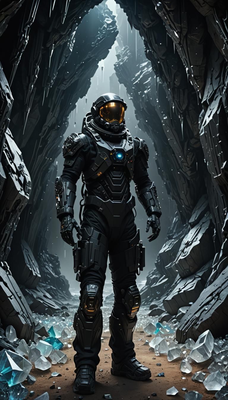 Biomechanical Astronaut in Crystalline Cave: Digital Matte P...