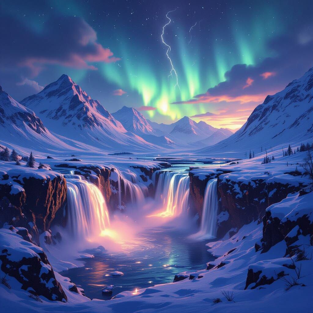 Aurora Borealis Over Snowy Mountains and Glowing Waterfalls