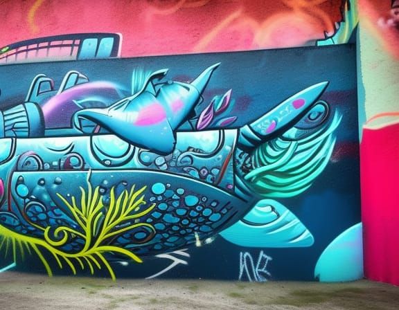 Underwater Submarine Garden Graffiti Art in City