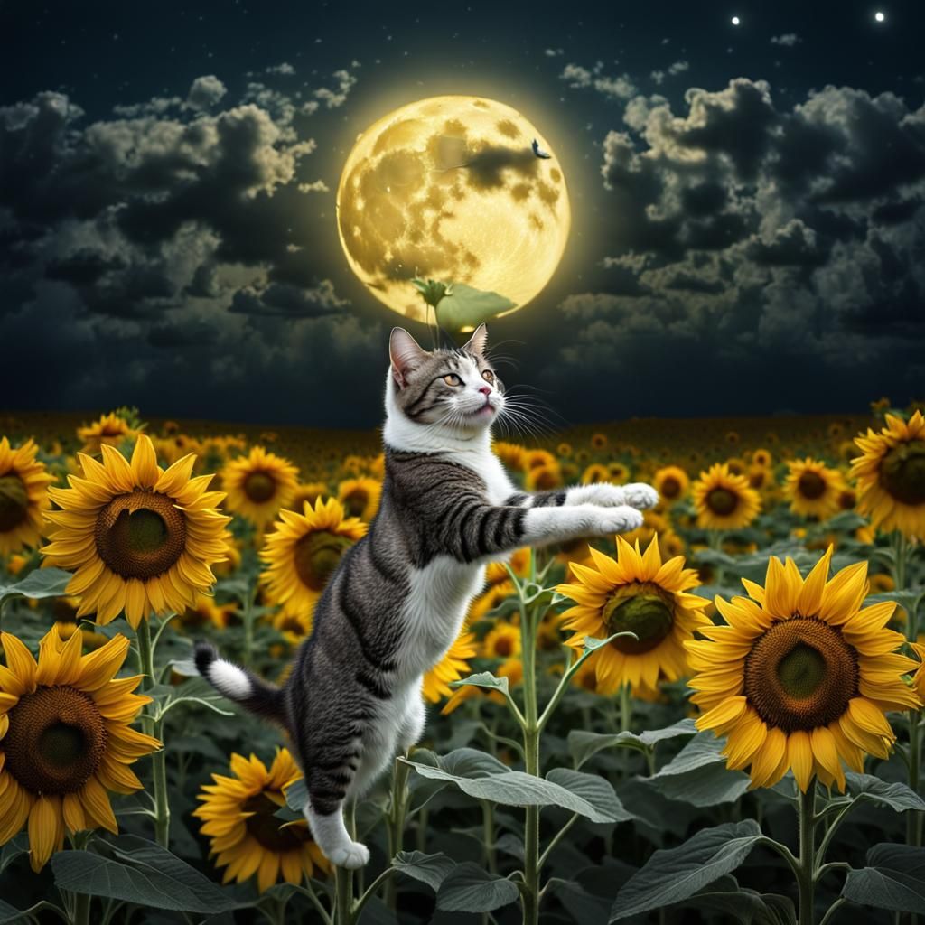 Cat Dances in Sunflower Field Under Full Moon