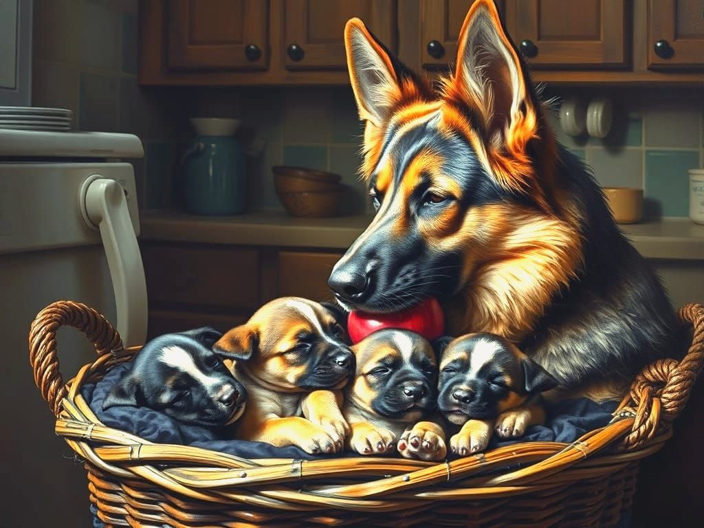 Shepherd Dog Offers Apple to Puppies in Kitchen Oil Painting