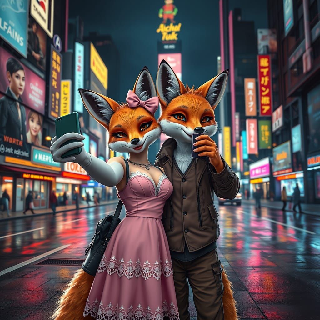 Anthropomorphic Foxes Take Selfies in a Neon Cityscape