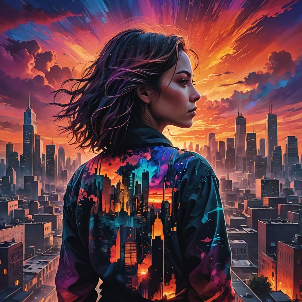 Woman Silhouetted Against Surreal Digital Sunset