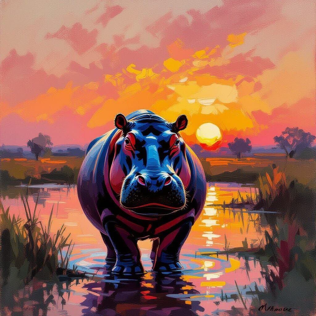 Impressionist Sunset Hippo Painting