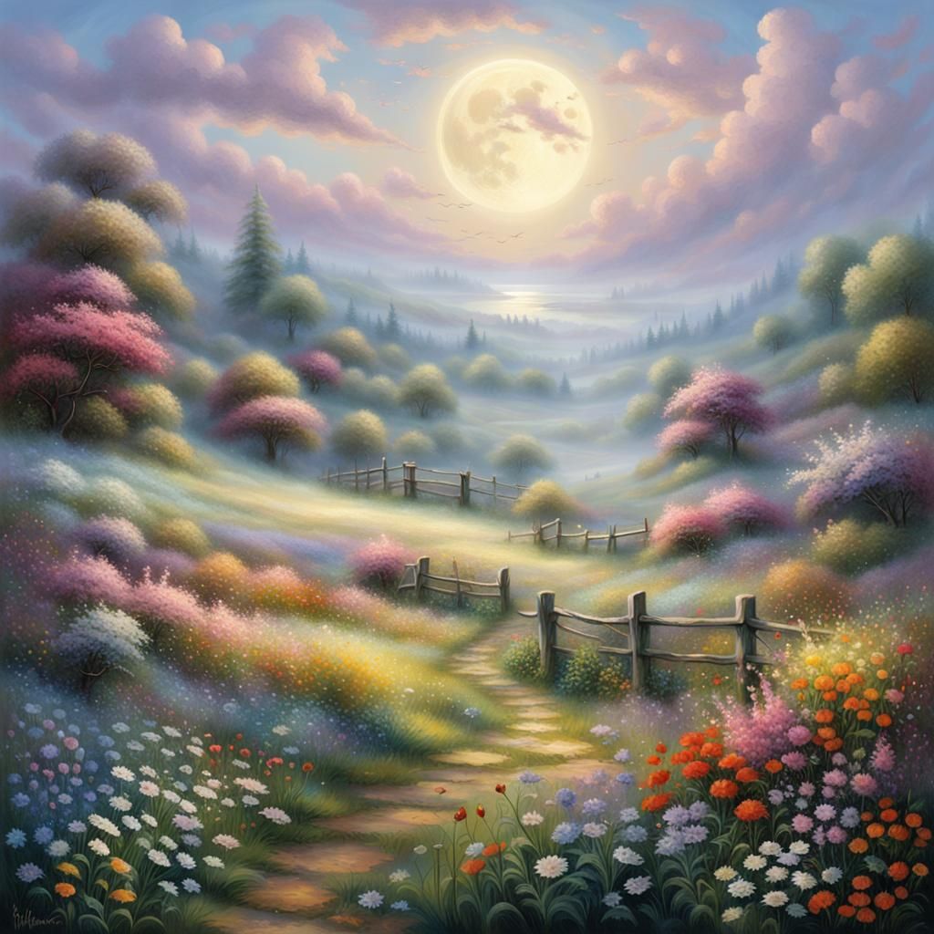 Ethereal Moonlit Flower Meadow Fantasy