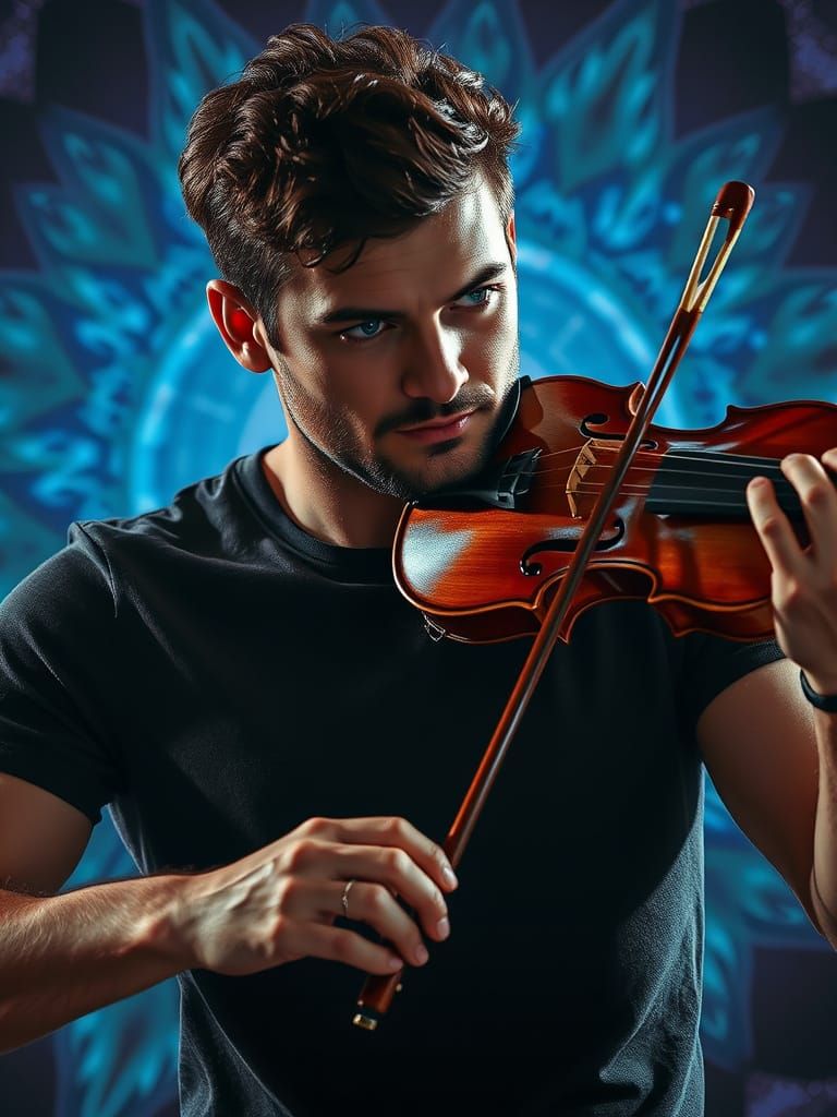 Chiseled Violinist with Turquoise Eyes in Hyper-Realistic Be...