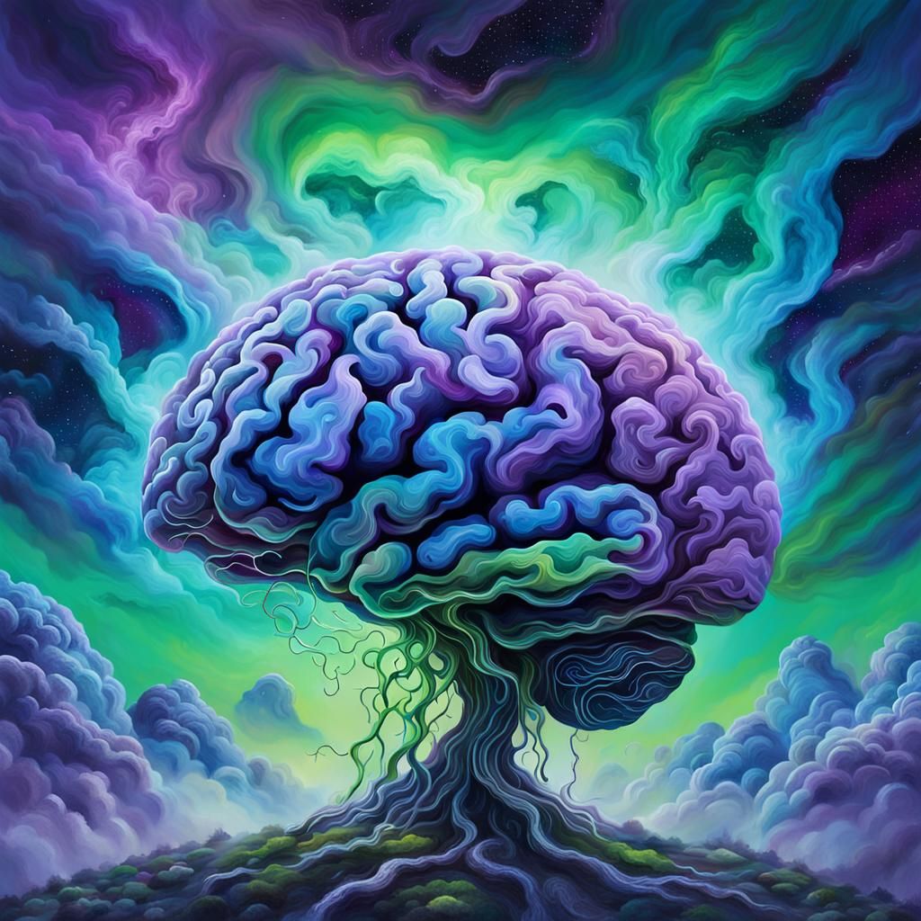 Glowing Brain with Fantasy World, Oil Painting