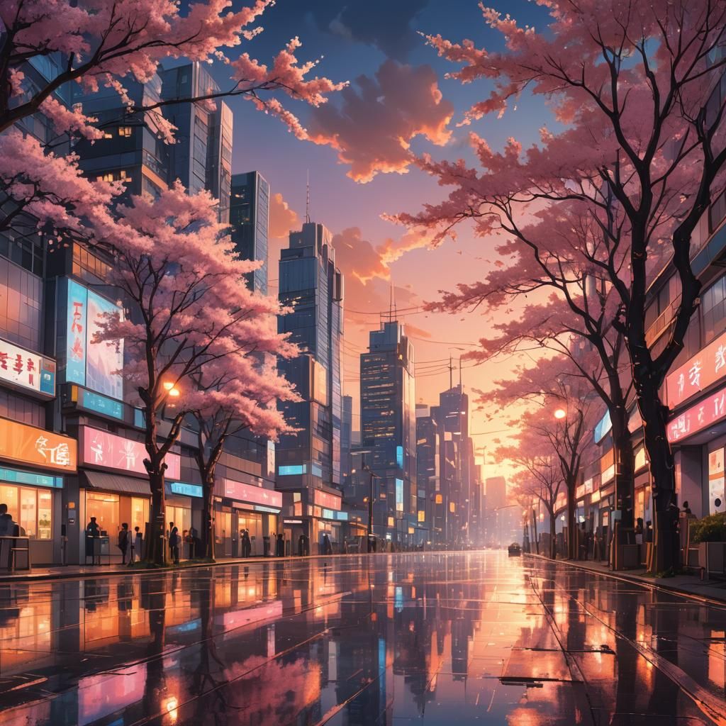Futuristic Cityscape at Sunset in Anime Style