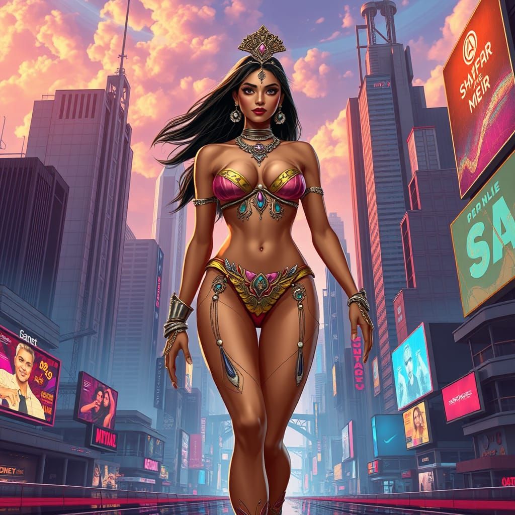 Futuristic Indian Woman in Cyberpunk Sky Town