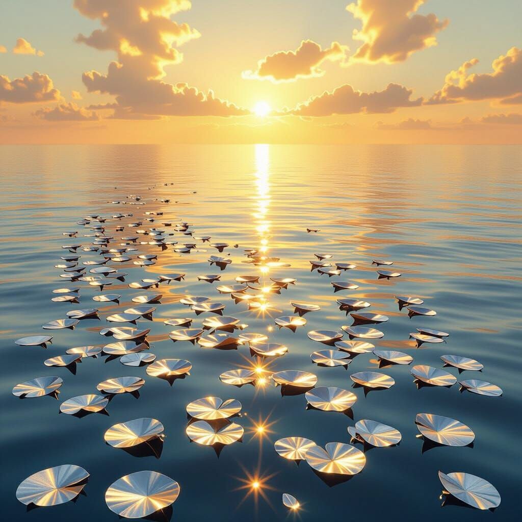 Golden Sky Over Sparkling Water with Silver Leaves