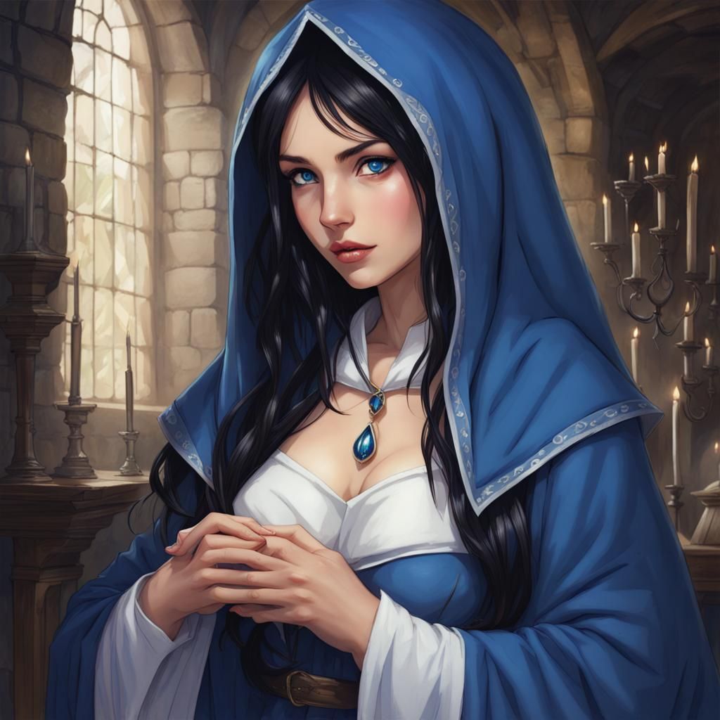 Medieval French Sorceress in Blue Robe