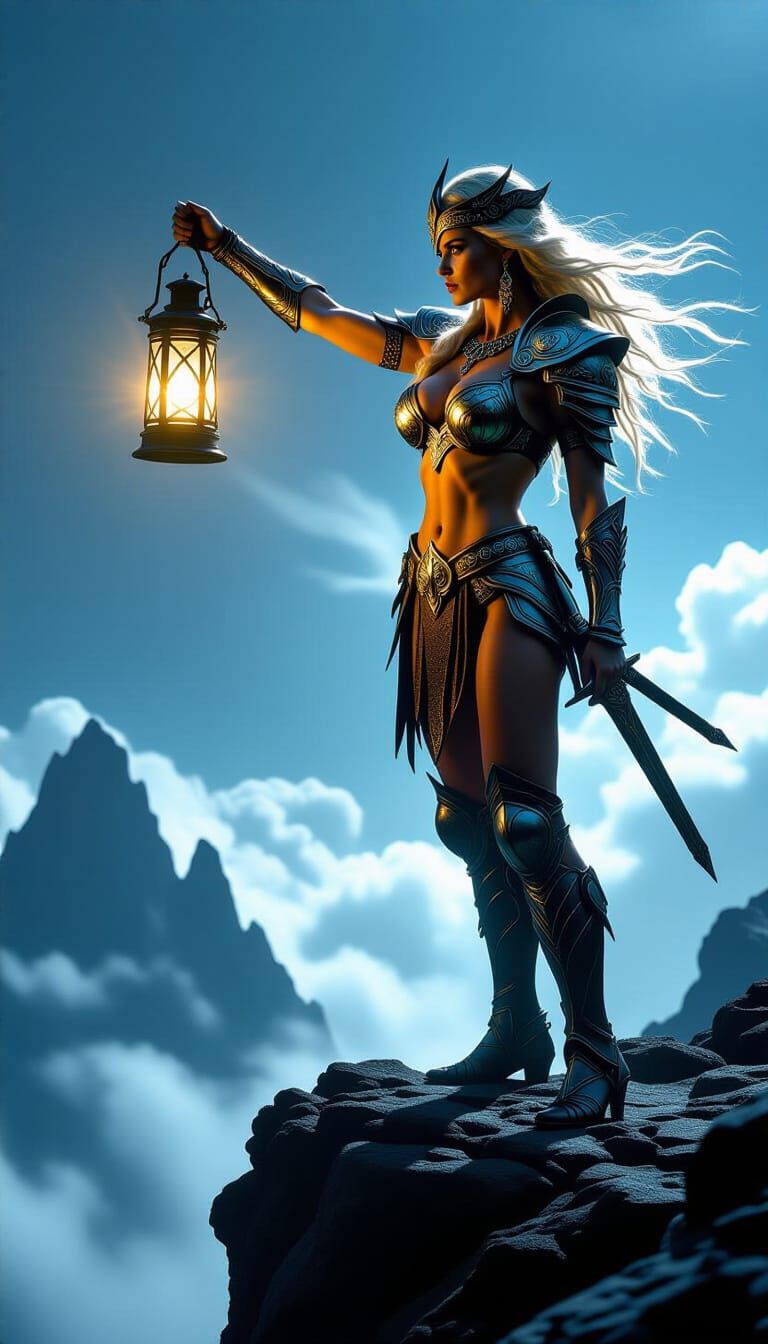 Valkyrie Warrior on Windswept Peak in Fantasy Art