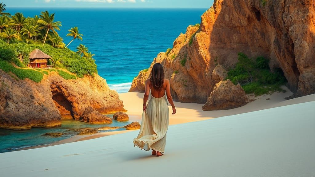Tropical Beach Scene with Woman in Flowing Dress