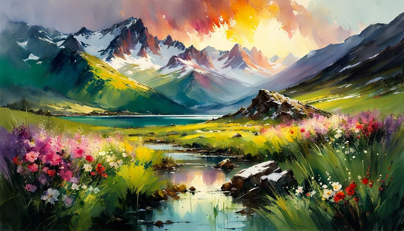 Majestic Mountain Sunset: Detailed Watercolor Painting