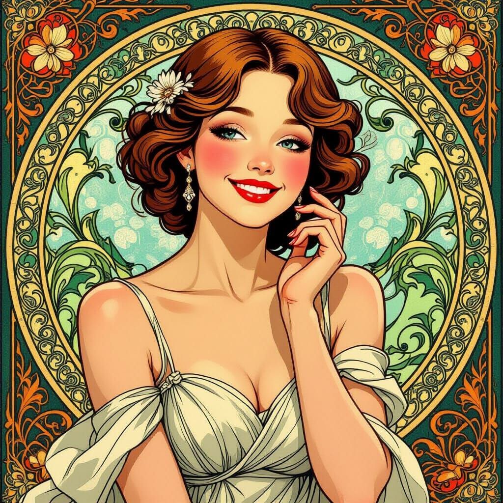 Elegant Woman Batting Eyelashes in Art Nouveau Style