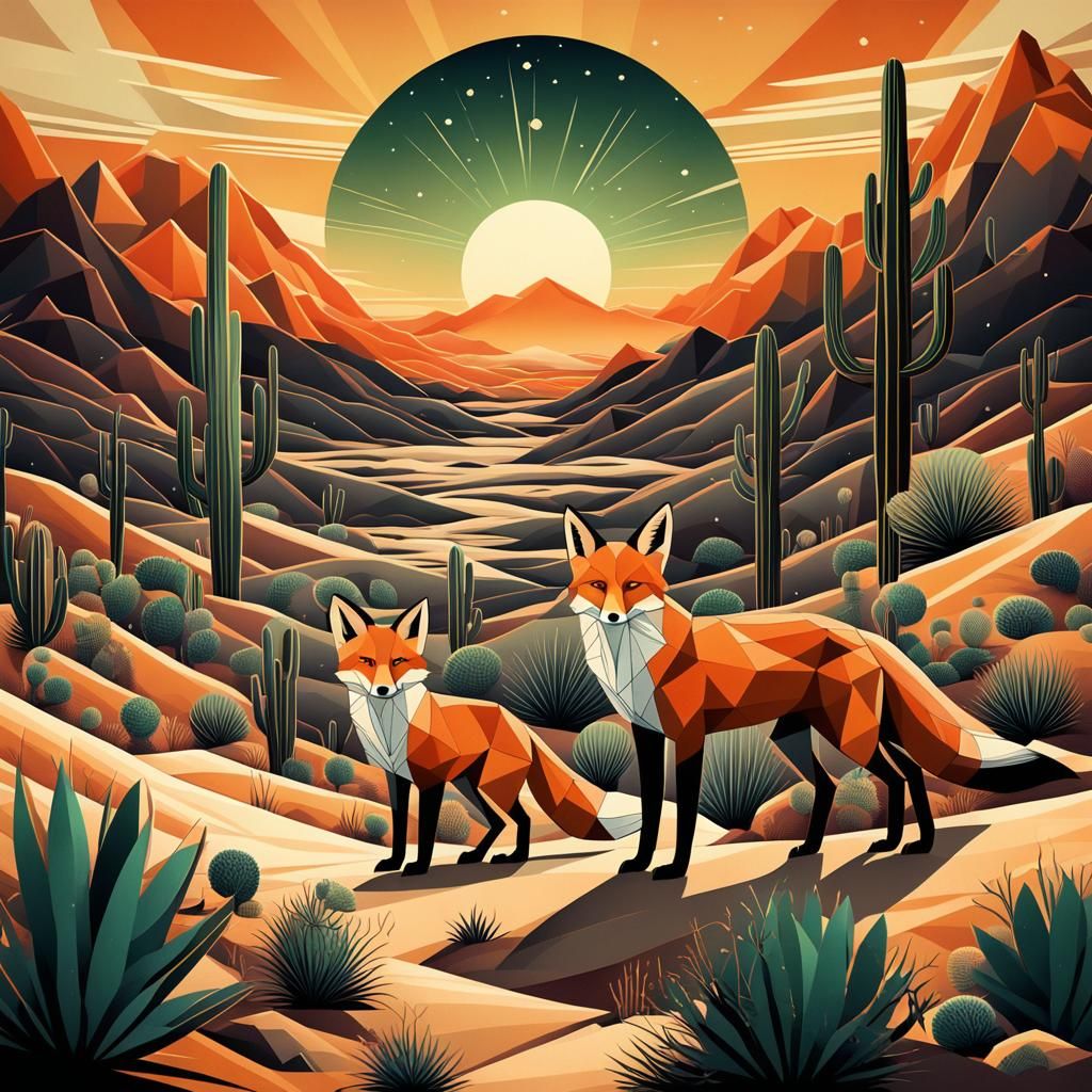 Art Deco Desert Landscape with Foxes at Sunset