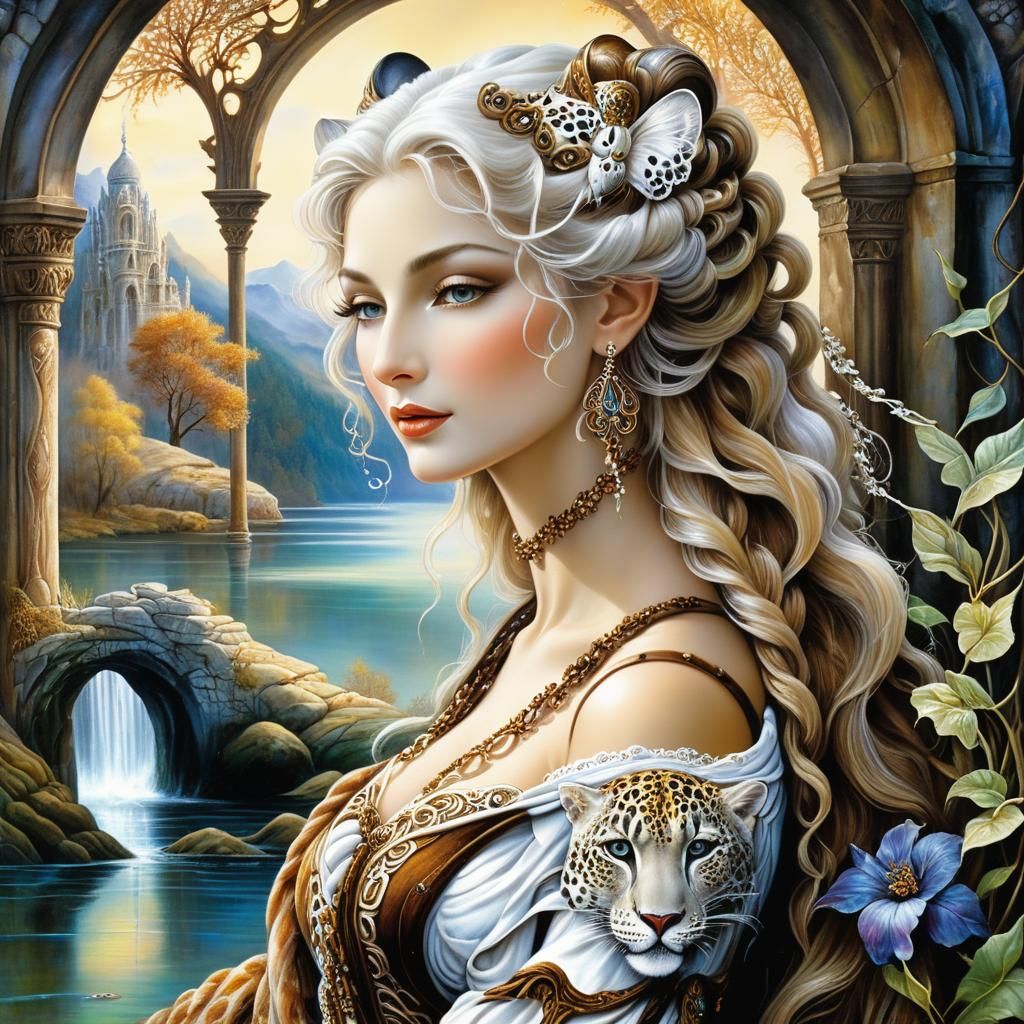 Snow Leopard Woman in Elven Landscape Watercolor