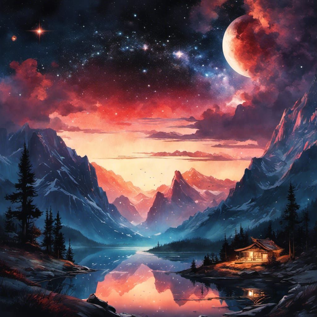 Starry Lake Reflection: Watercolor Painting