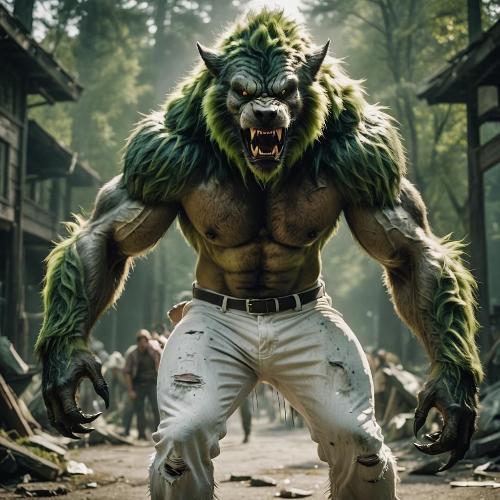 Giant Green Werewolf in Torn Clothes, Cinematic Still