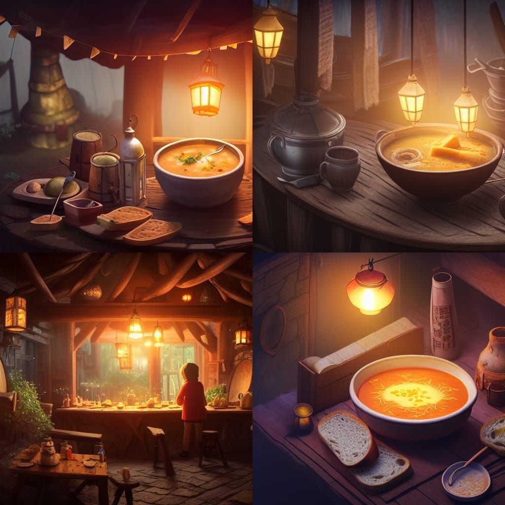 Comforting Soup in Medieval Tavern, Studio Ghibli Style
