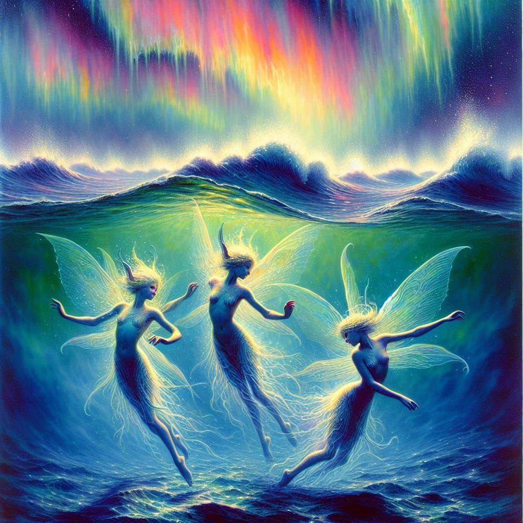 Nixies Dancing Under Aurora in Surreal Aquatic Landscape