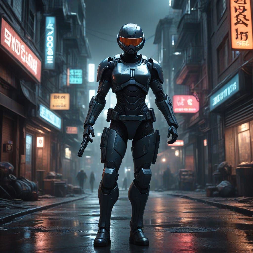 Cyberpunk Woman Robocop in Futuristic Post-Apocalyptic Stree...