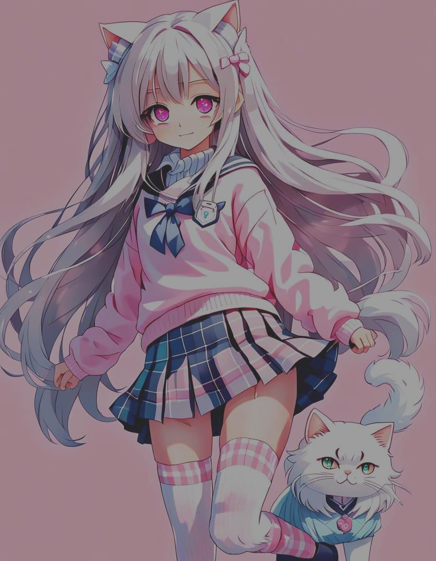 Cute Demi-Human Girl with Cat Ears in Soft Pastel School Uni...