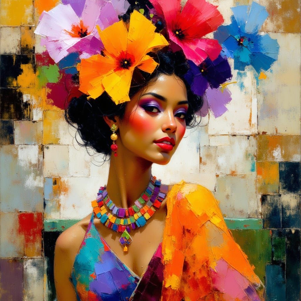 Polynesian Woman in Surrealist Floral Dreamscape