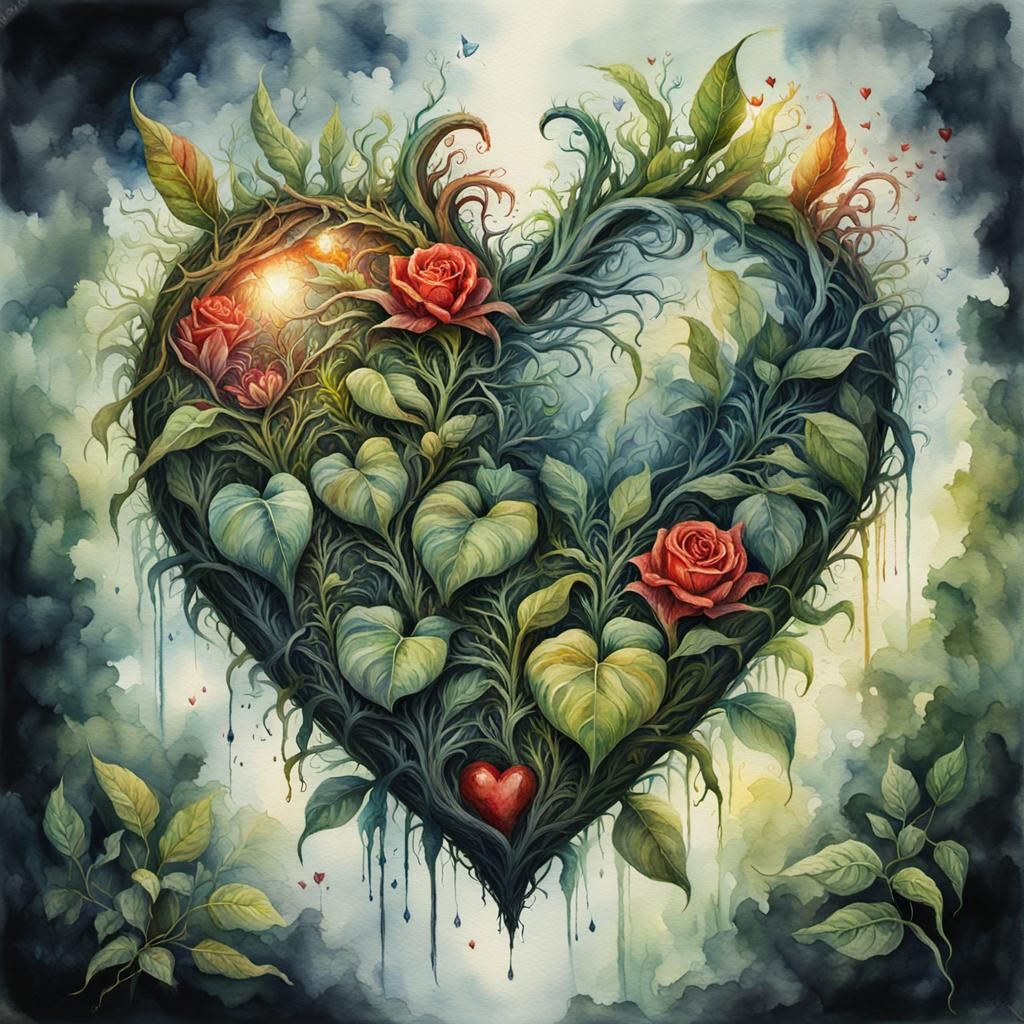 Watercolor Heart of Plants: Grotesque Gothic Impressionist A...
