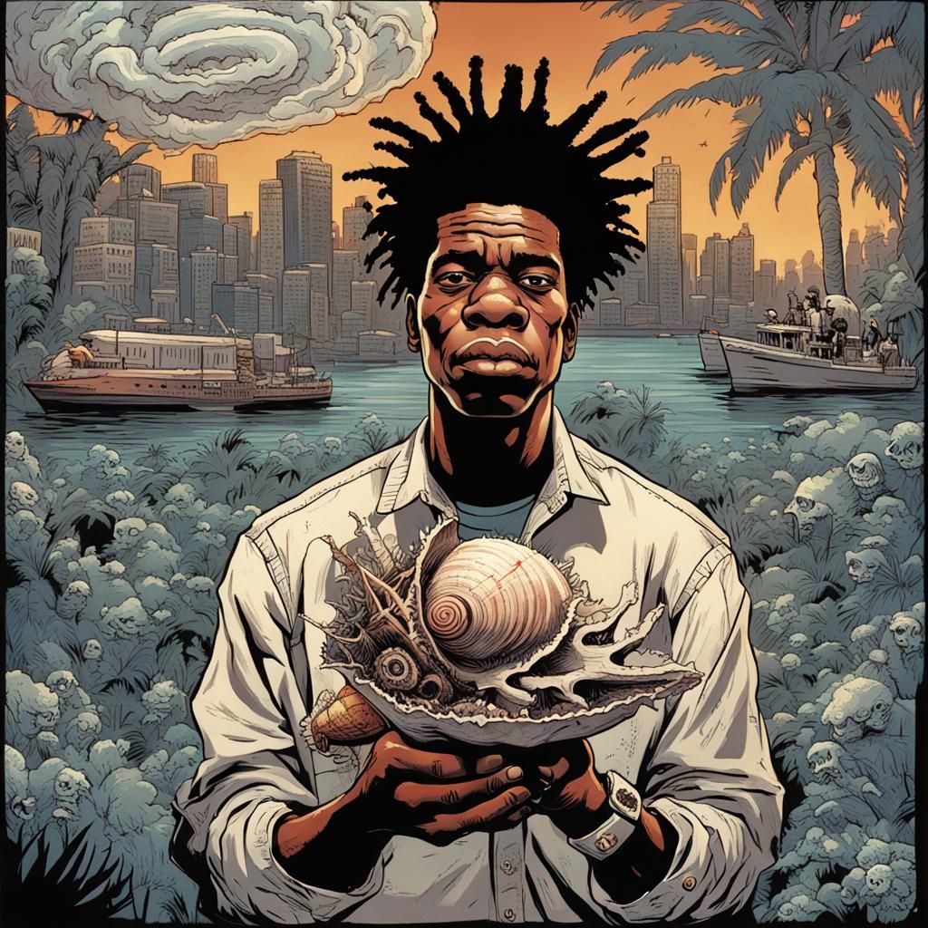 Basquiat-Style Art: Figure with Conch Shell and 'Haiti'