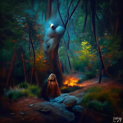 Illuminated Watcher in the Woods: Oil on Canvas
